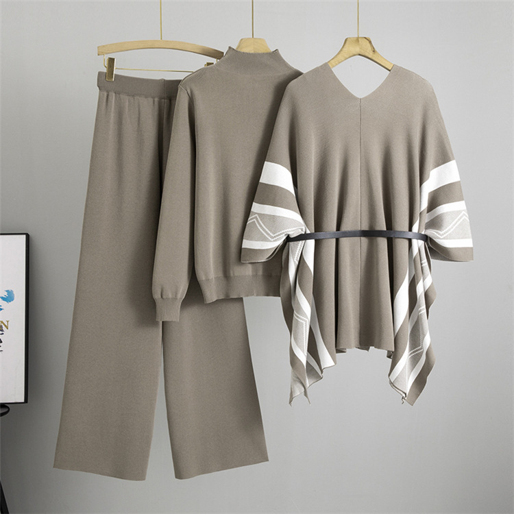 Spring Women Graceful Fashionable Knitted Shawl Cardigan Turtleneck Sweater Wide Leg Pants Three Piece Set