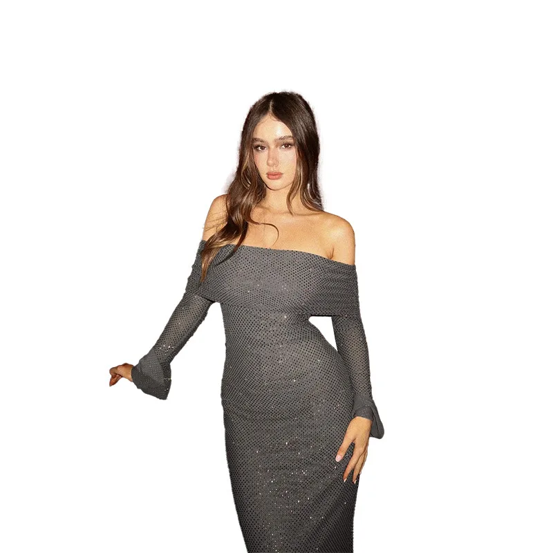 Sexy Buttocks Wrapped Long Dress For Women Fashion Temperament Ironing Board Slim One Line Neck Party Evening Dress
