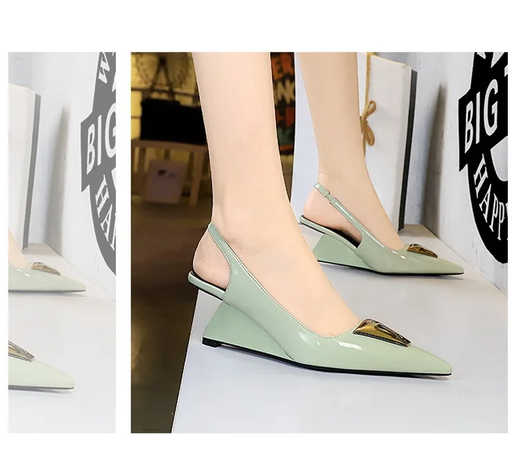 Patent Leather High Heels Wedges Shoes Lady Trendy Pumps Pointed Toe Hollow Back Strap 6.5 Cm Women Sandals White Heels Shoes