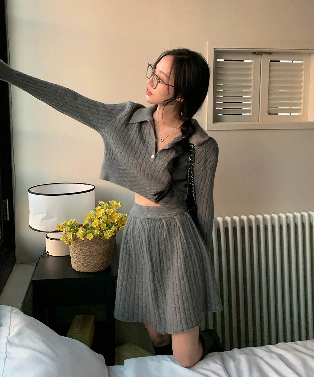 Korean Fashion Two-piece Set Women Pullover Turn-down Collar Crop Top Mini Skirt Solid Casual Suit Autumn New Knitwear Outfits