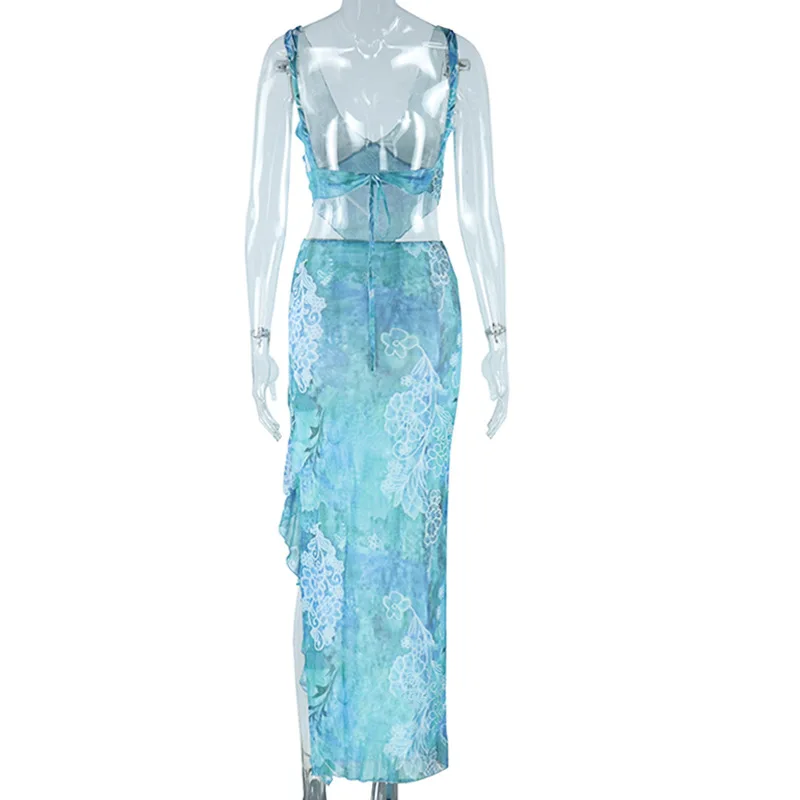See-Through Printed 2 Piece-Set Women Lace-Up Backless Top And Maxi Skirt Sets Casual High Split Female Long Skirt Outfits