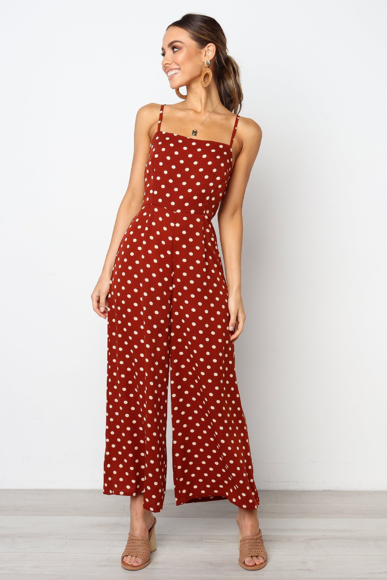 Women Clothing Polka Dot Brace Sleeveless Lace up Casual Wide Leg Loose Vest Jumpsuit Trousers