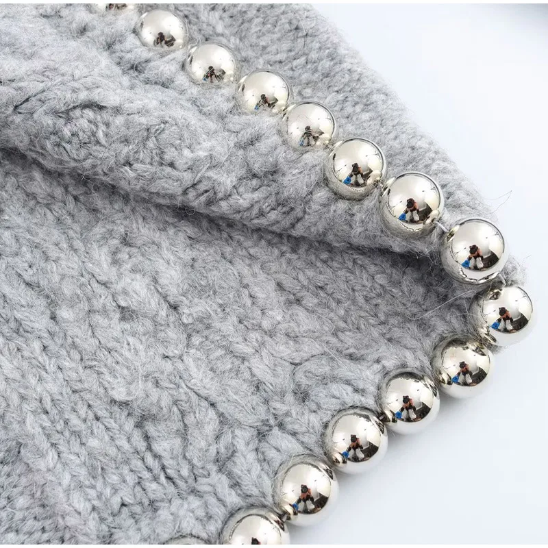 Vintage Beading Twist Pullover Women Knit Gray Long Sleeve High Collar Sweater Lady 2025 High Street Lady All-matching Knitwear