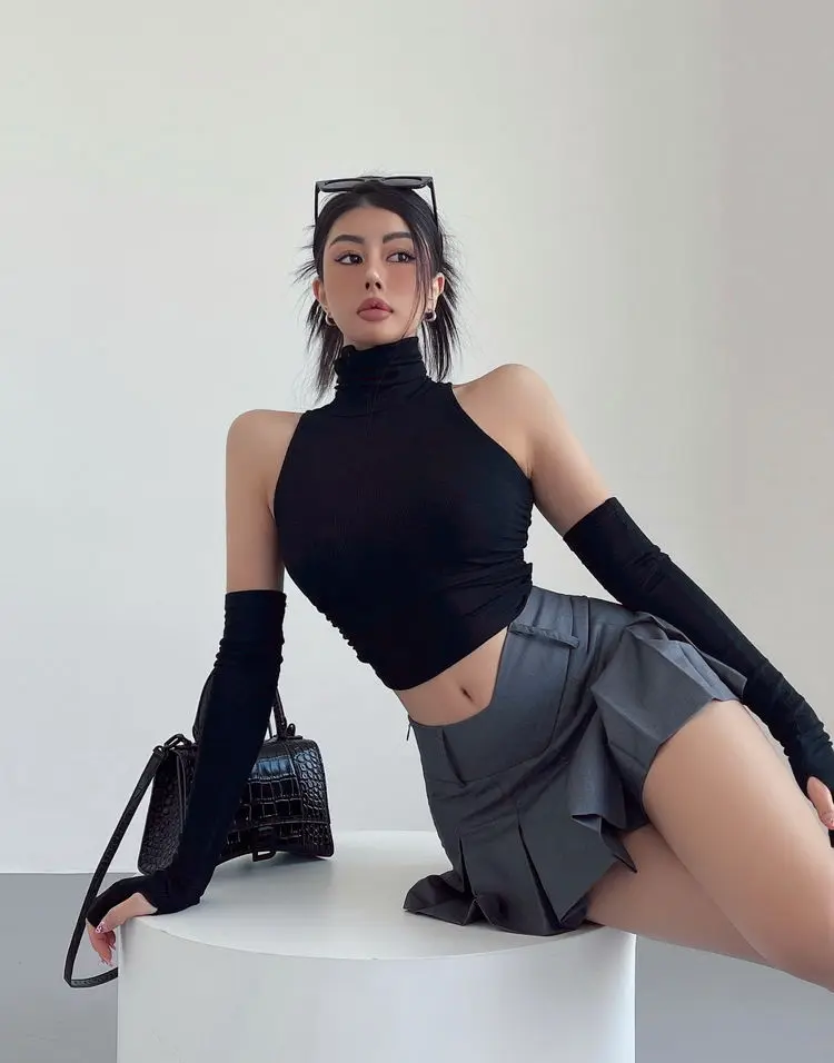 2025 New Spicy Girls Y2k Tops Oversleeve Sexy Turtleneck Tank Top for Women's Slim Fit Short tshirt Skinny Streetwear Crop Top