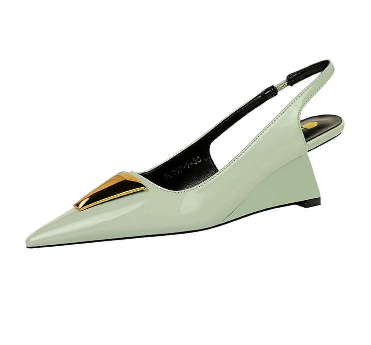 Patent Leather High Heels Wedges Shoes Lady Trendy Pumps Pointed Toe Hollow Back Strap 6.5 Cm Women Sandals White Heels Shoes