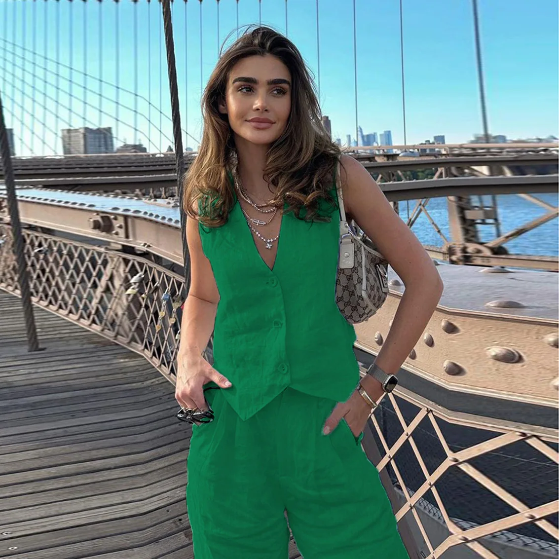 Casual Women 2 Piece-Set Straight Legg And Sleeveless Top Vestidos Sets Slim V-Neck Summer Pocket Fashion Trousers Sets