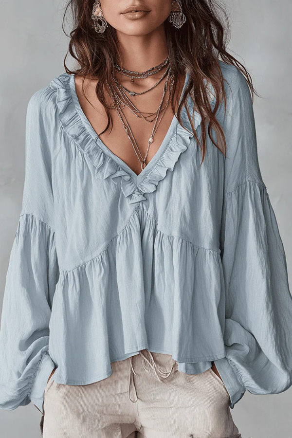 Solid Color V-neck Ruffled Puff Sleeve Loose Casual Top