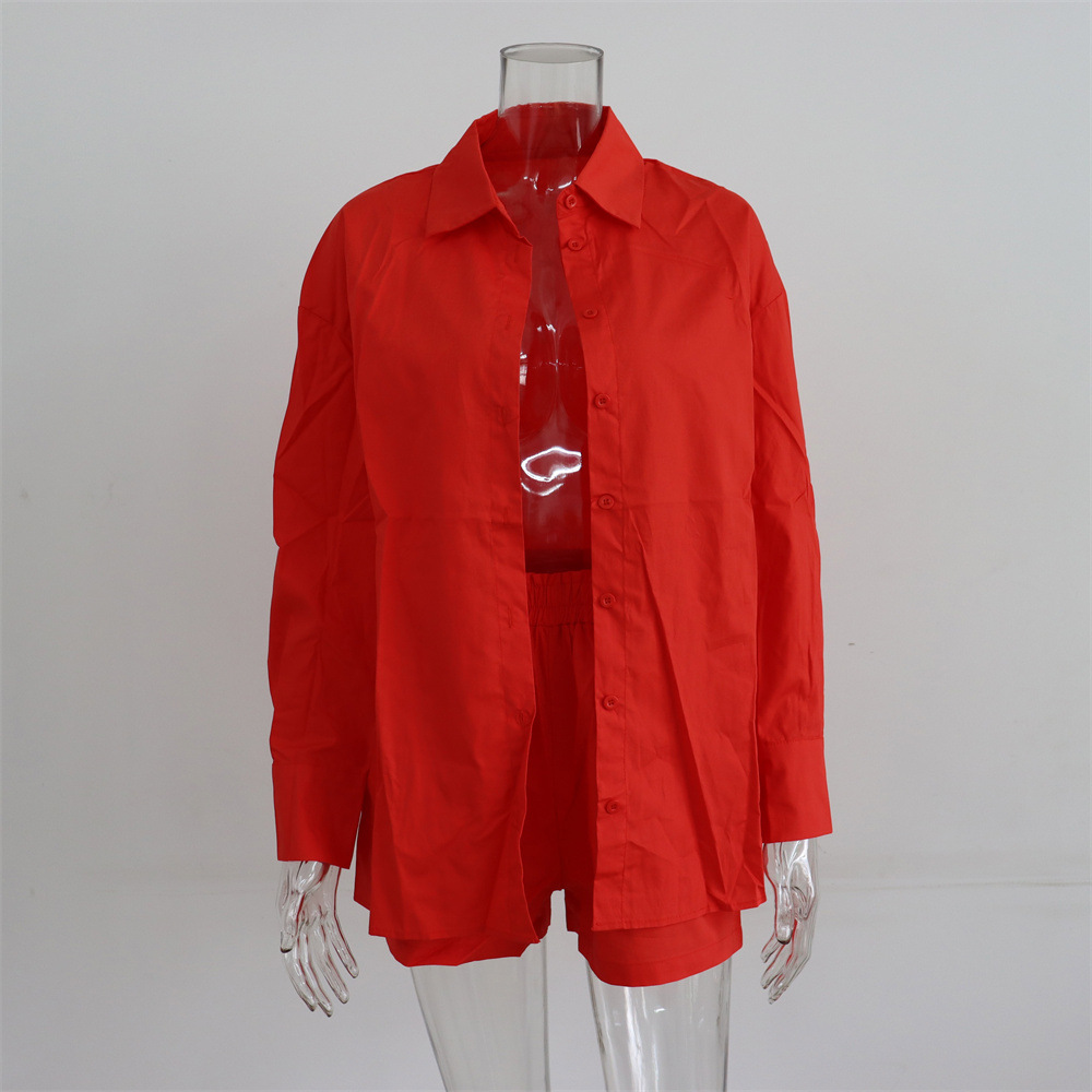 Spring Summer Two Piece Set Solid Color Single Breasted Long Sleeve Collared Shirt Shorts Loose Casual Set