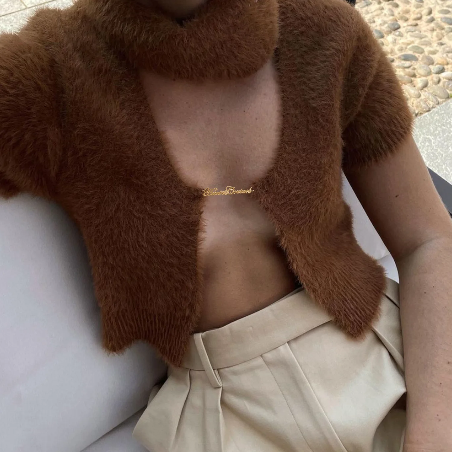 Chic Mini Cropped Cardigan Tops Sweater Short Sleeve Knit Mohair Lady Fashion Letters Chain Tank Tops For Women New 2025