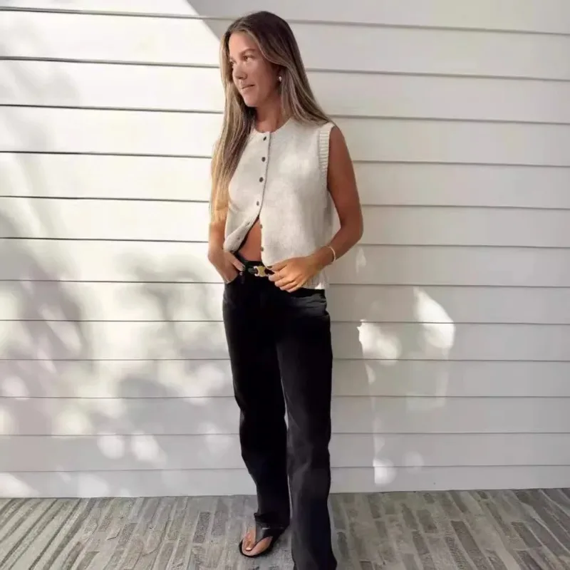 Knitted Vests Top For Women Casual Single-Breasted Knitwear Cardigan Tank Sweater Female Solid Sleeveless 2025 Fashion