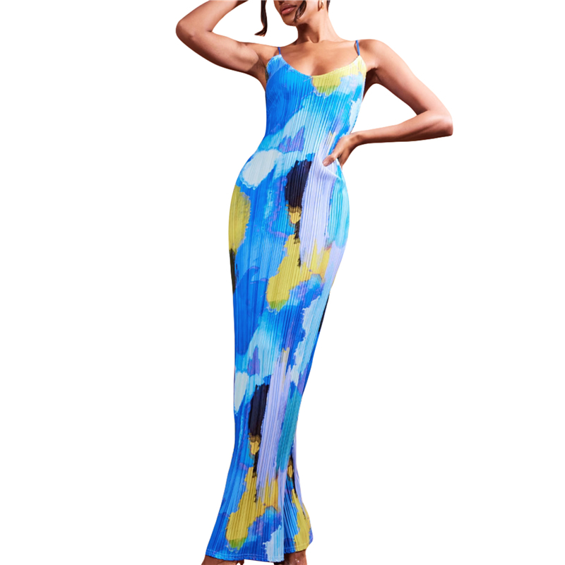 Pleated Dress for Women Floral/Tie Dye Print/Solid Color Spaghetti Strap Sleeveless Dresses Going Out Party Dresses