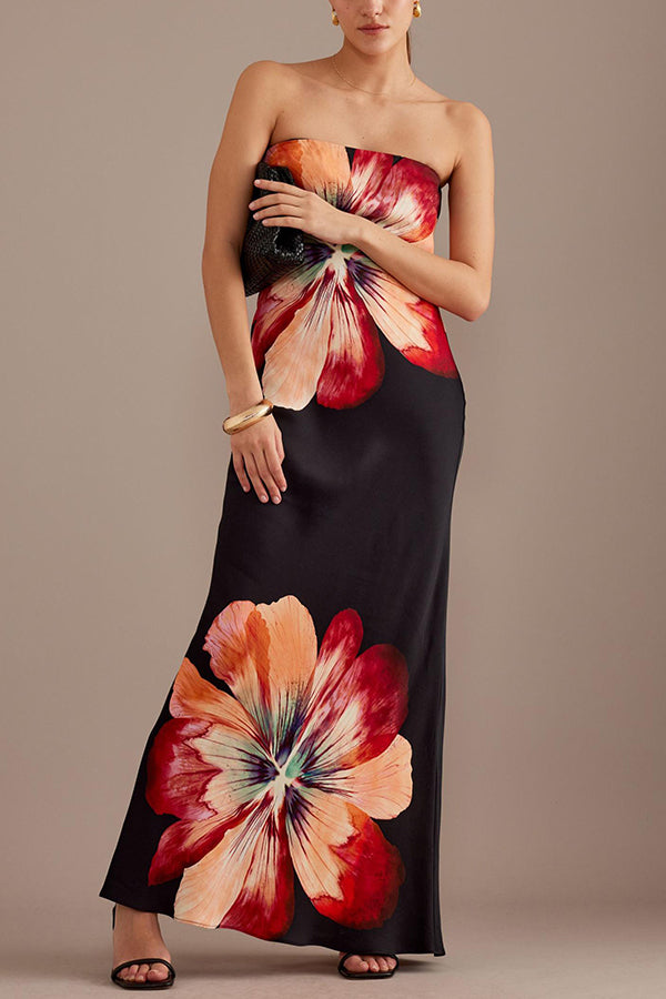 Charming ladies strapless waist cinching satin printed lace up loose long dress