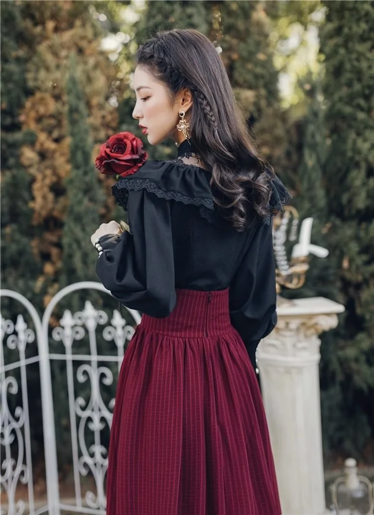 Vintage Gothic Two-Piece Skirt Sets Women Black Lace Ruffle Blouse Lace-up Midi Skirt Autumn New Court Retro Suits Y2k Outfits