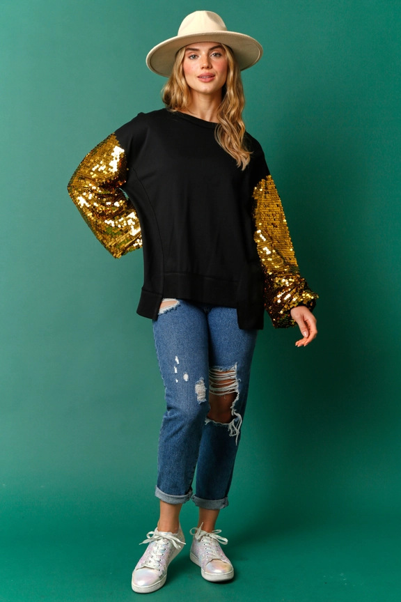 Autumn Winter Christmas Sequined Sleeve Top Stitching Long Sleeve Trendy Sweatshirt Women