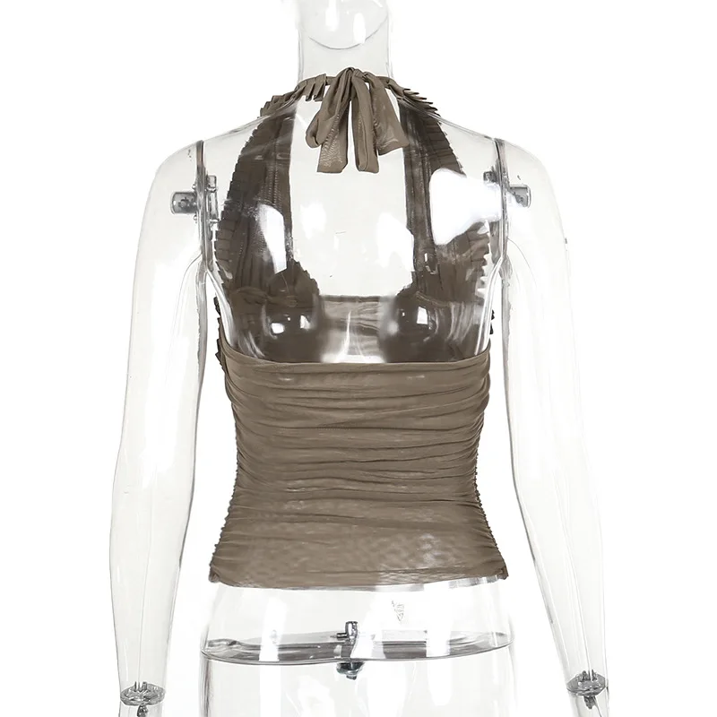 Folds Sunflower Tank Top Women Mesh Bodycon Sleeveless Slim Crop Tops Ladies Club Party Sexy Backless Bandage Vest Woman