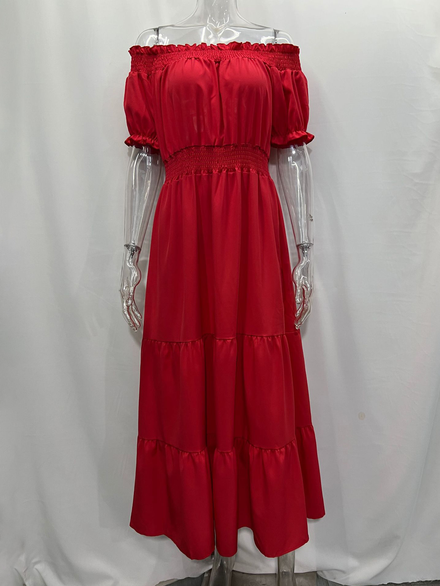 Off Shoulder Smocked Maxi Dress For Women - Boho Tiered A-Line Beach Gown with Puffy Sleeves - Summer Vacation 2026