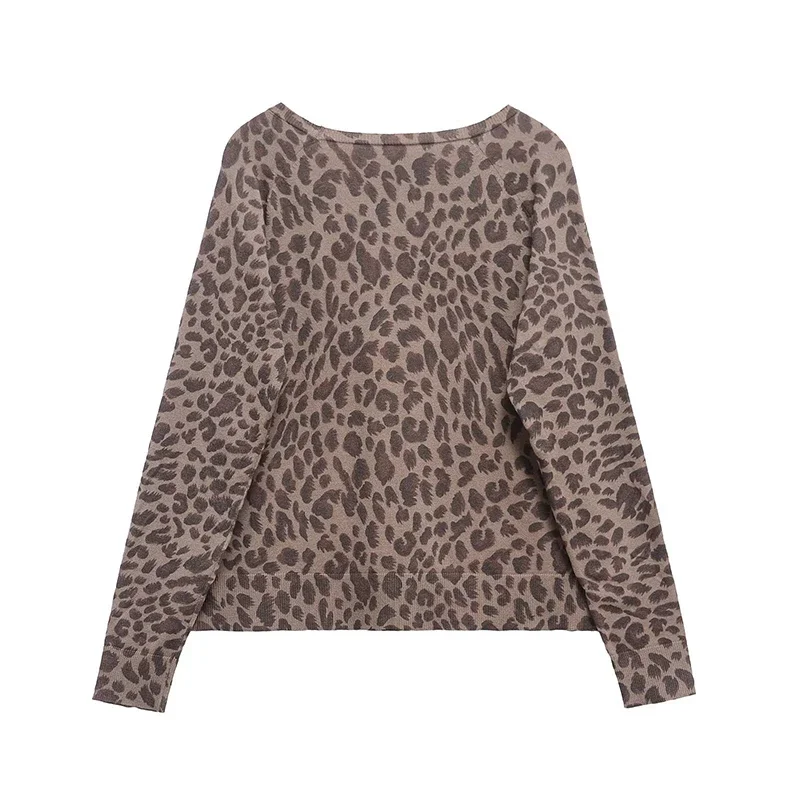 Leopard Knit Pullover Women Casual Loose Round Neck Long Sleeves Sweater Tops 2025 Spring Summer Fashion Lady Y2K Streetwear