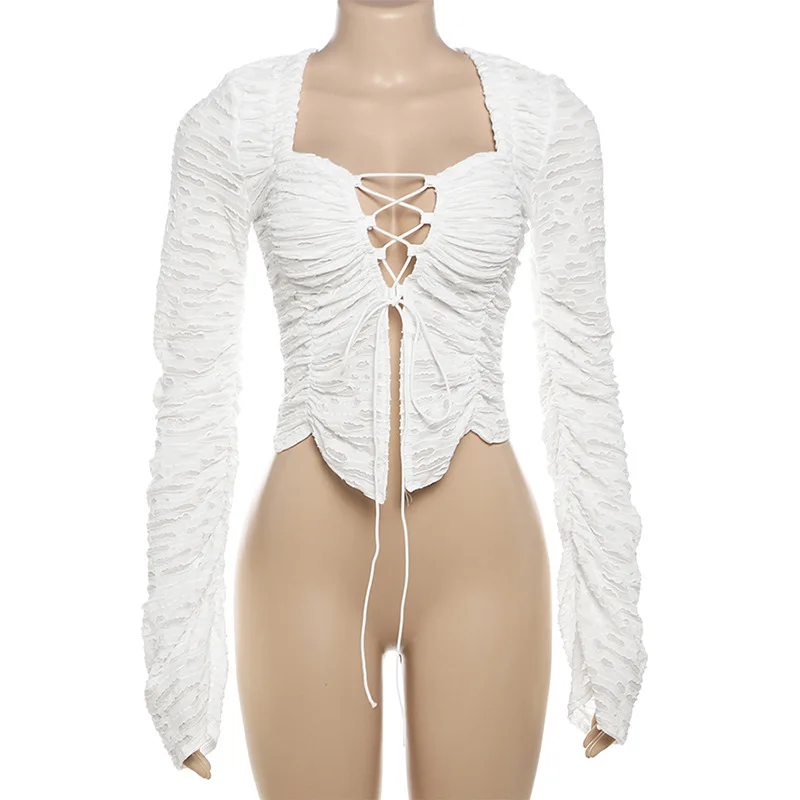 Autumn Fashion Ruffled T-shirt Cropped Top Female Hollow Out Lace-Up Patchwork Loose Outwear White Women Bandage Tee Coat