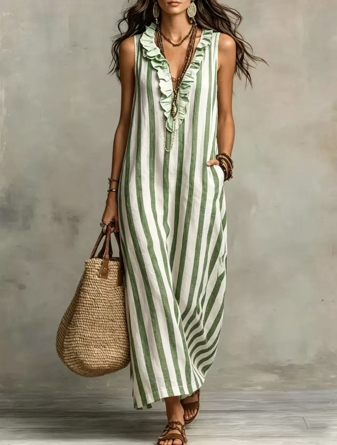 Fashionable Striped Print V-neck Ruffled Sleeveless Pockets Casual Midi Dress