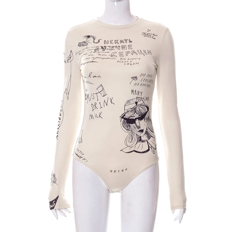 Bodycon Sexy Bodysuit Lingerie Letters Printing Crop Tops Women Y2k Clothes Long Sleeve One-pieces Body Feminino Skinny Bustier