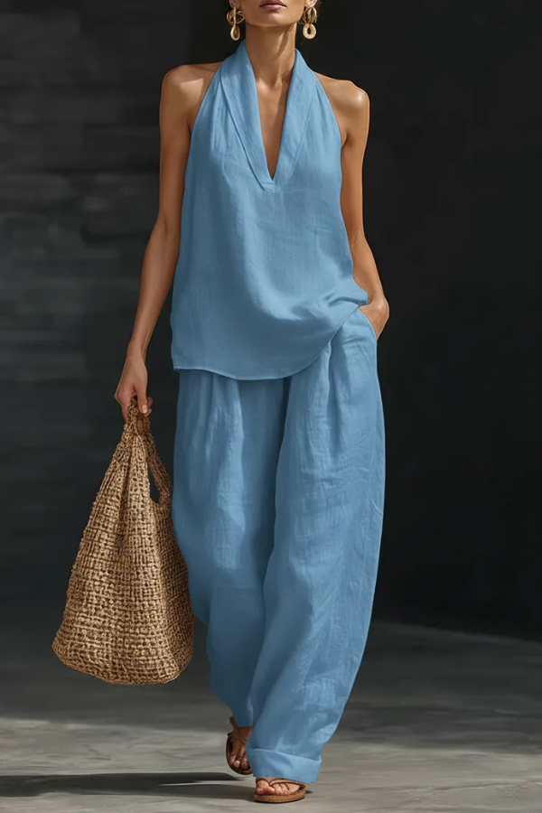 Linen Blend Solid Color V-neck Sleeveless Loose Top and Elastic Waist Casual Pocket Pants Set