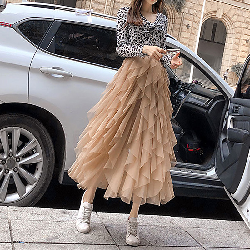 Autumn Winter Vintage Layered Tulle Skirt Women Elastic High Waist Mesh Skirts Long Pleated Tutu Skirt Jupe Longue