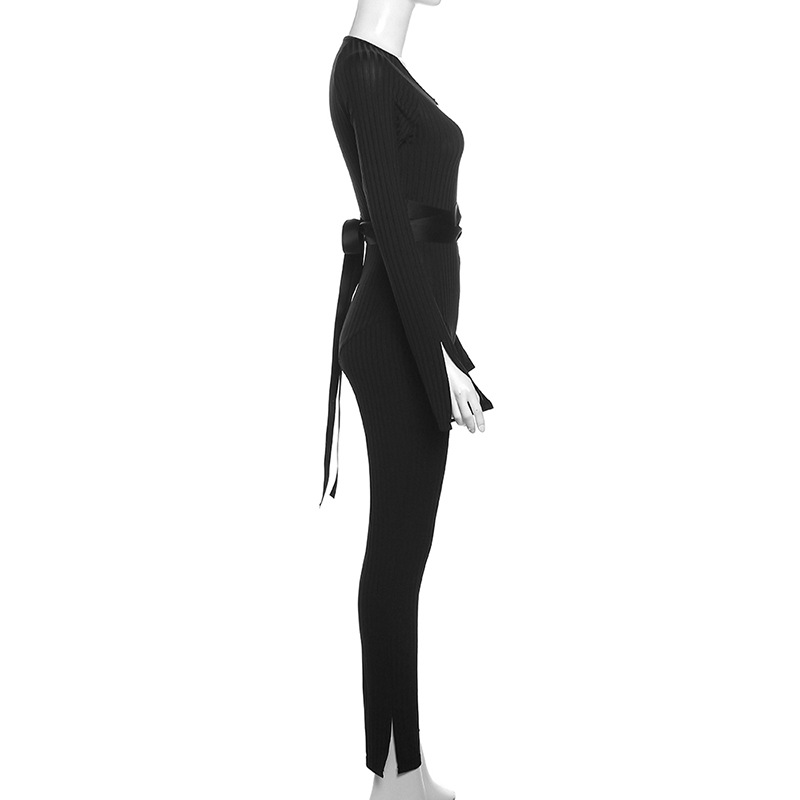Fall Women Clothing Sexy Thread Tied High Waist Trousers Casual Tight Jumpsuit