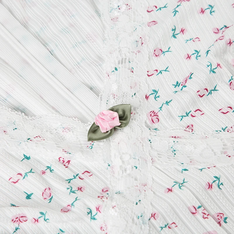 Sweet Fairy Gentle Women Playsuit Floral Print Lace Trim V-Neck Long Sleeve Korean Style Trendy Rompers Cute