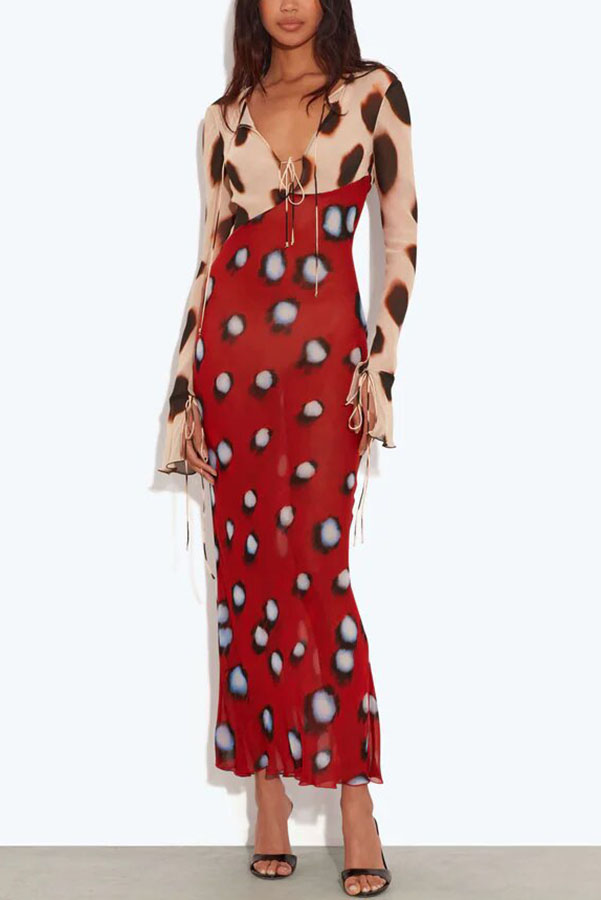 Sabine Animal and Butterfly Print Colorblock Long Sleeve Bias Cut Maxi Dress
