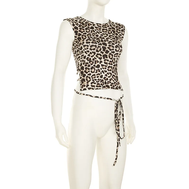 Fashion Double Wear Skirt Suit Female Leopard Print Lace Up Sleeveless Vest Irregular Splice Skirt Two Pieces Set Women's