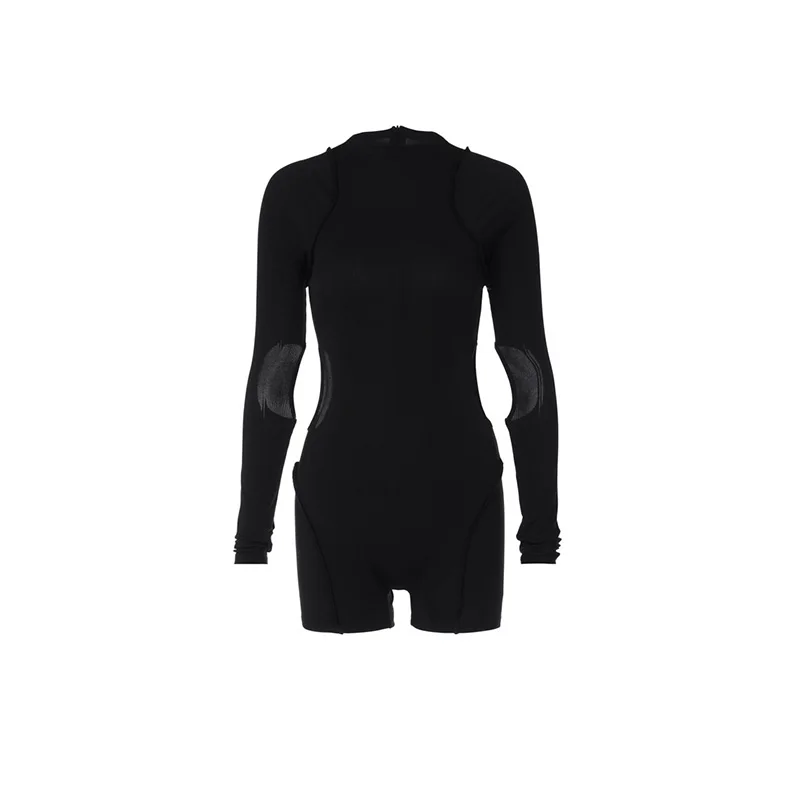 Summer Fashion Slim Solid Colour Playsuit One Piece Casual Round Neck Sleeveless Women's Sexy Hollow Splicing Women Clothing
