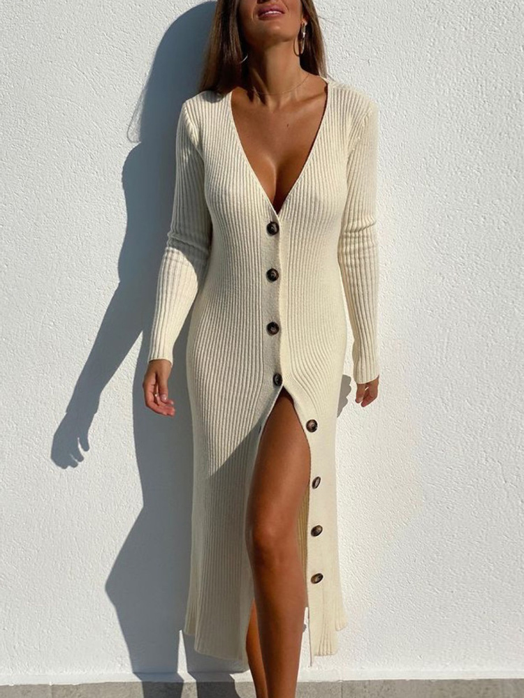 Spring New Knitted Sweater Dress V Neck Long Sleeve Bodycon Midi Dress Cardigan Knitwear Ladies Casual White Dresses 2025