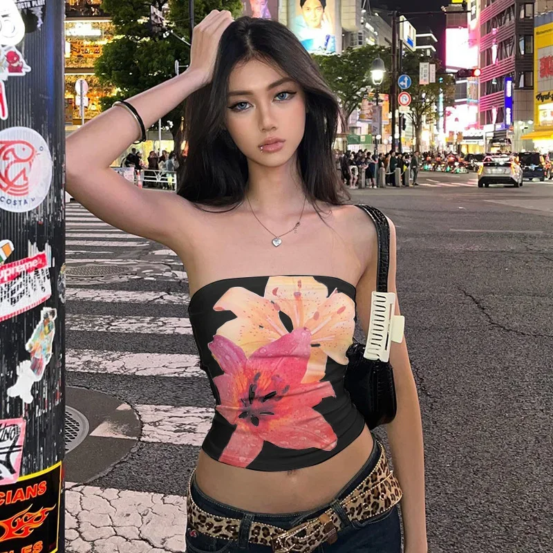 Sexy Floral Print Bustier Short Strapless Top One-Piece Sleeveless Slim-Fit Fashion Tops For Women Casual Neckless Y2k Bra Top