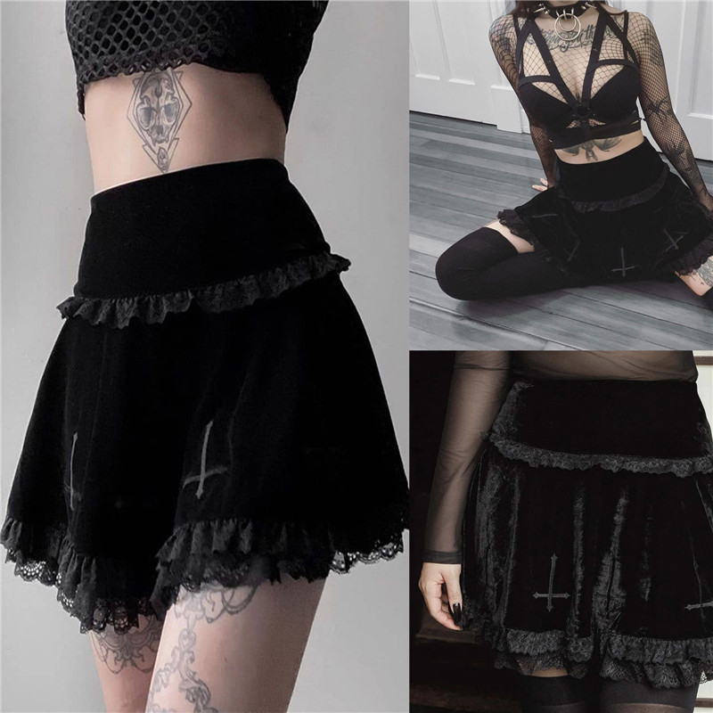 Punk Cross Pattern Mini Skirt Y2K Grunge Gothic Black Lace High Waist Pleated A-line Skirt Vintage Women E-girl Clothes