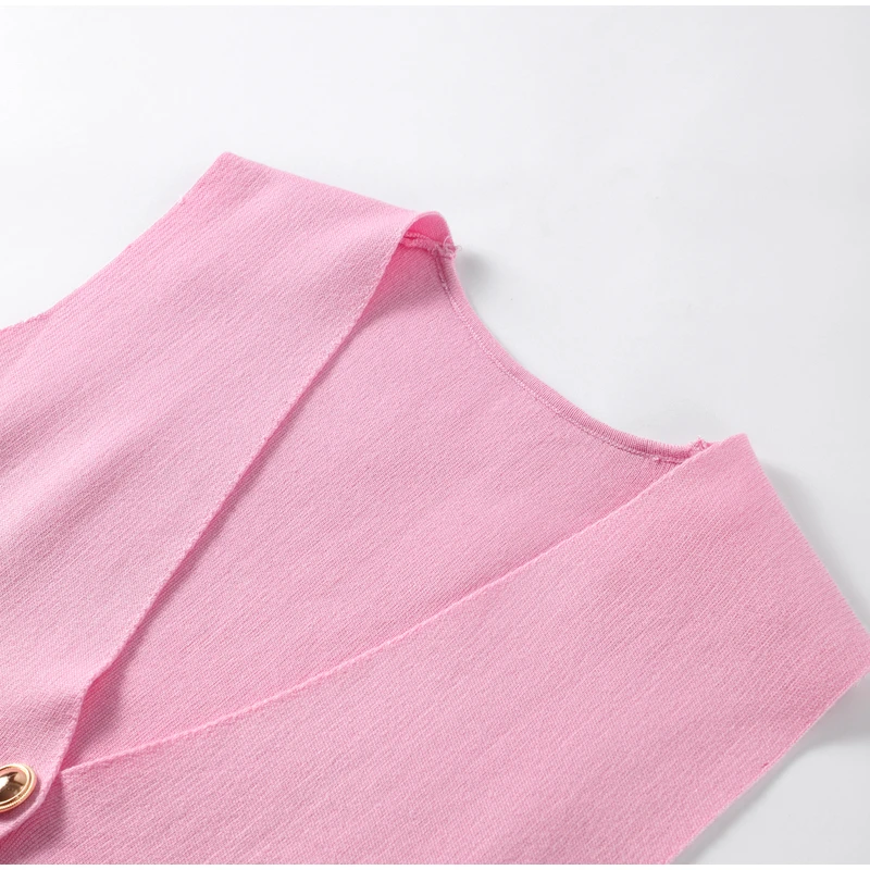 Elegant Knit Short Vest for Women V Neck Single Breasted Sleeveless Waistcoat Pink Top Female New Lady Classic Streetwear