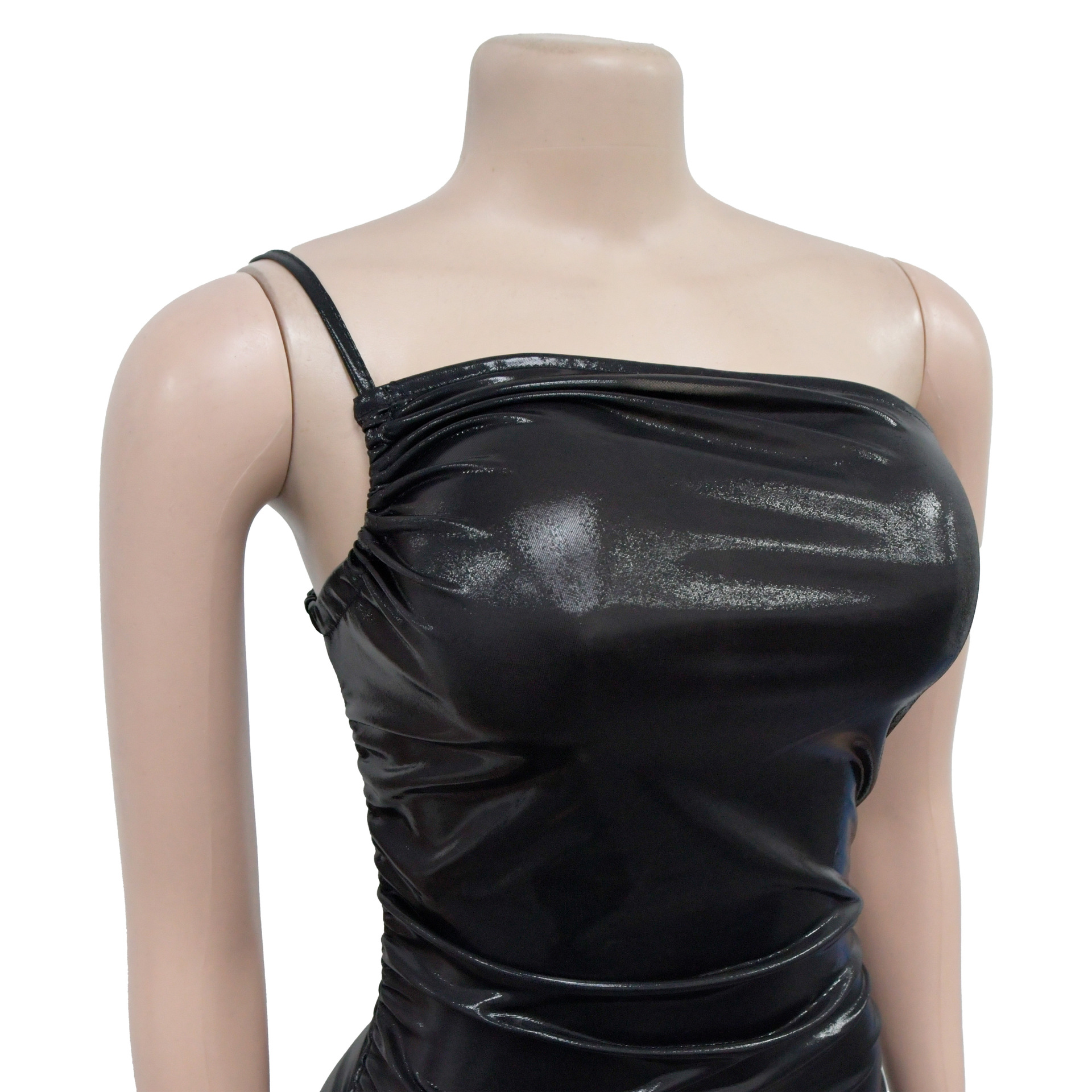 Metallic Coated Fabric Women Wear Solid Color Sexy Sling Diagonal Collar Pleating Dress