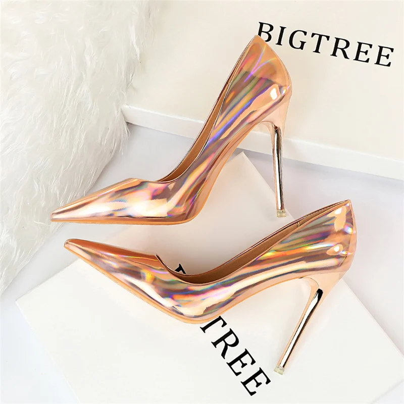 Women 10.5cm High Heels Blue Green Valentine Pumps Luxury Glossy Stripper Stiletto Wedding Bridal Fetish Shoes Plus Size 43