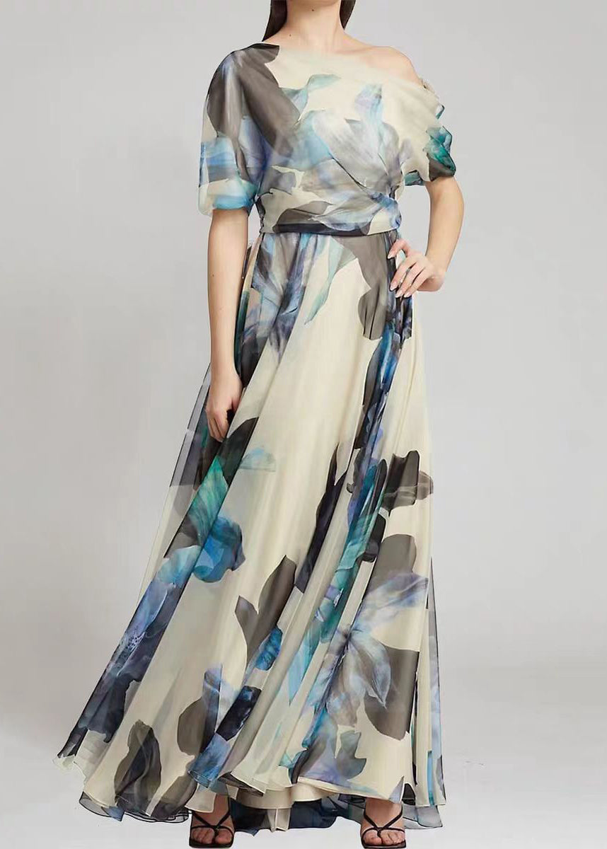 Ladies' French Sky Blue Asymmetric Printed Chiffon Long Skirt Summer