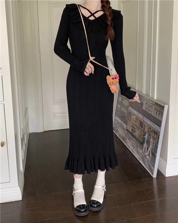 Autumn Knitted Dresses for Women Ruffles V-neck Solid Bodycon Casual Solid Midi Dress Korean Fashion Vestidos Mujer New Knitwear
