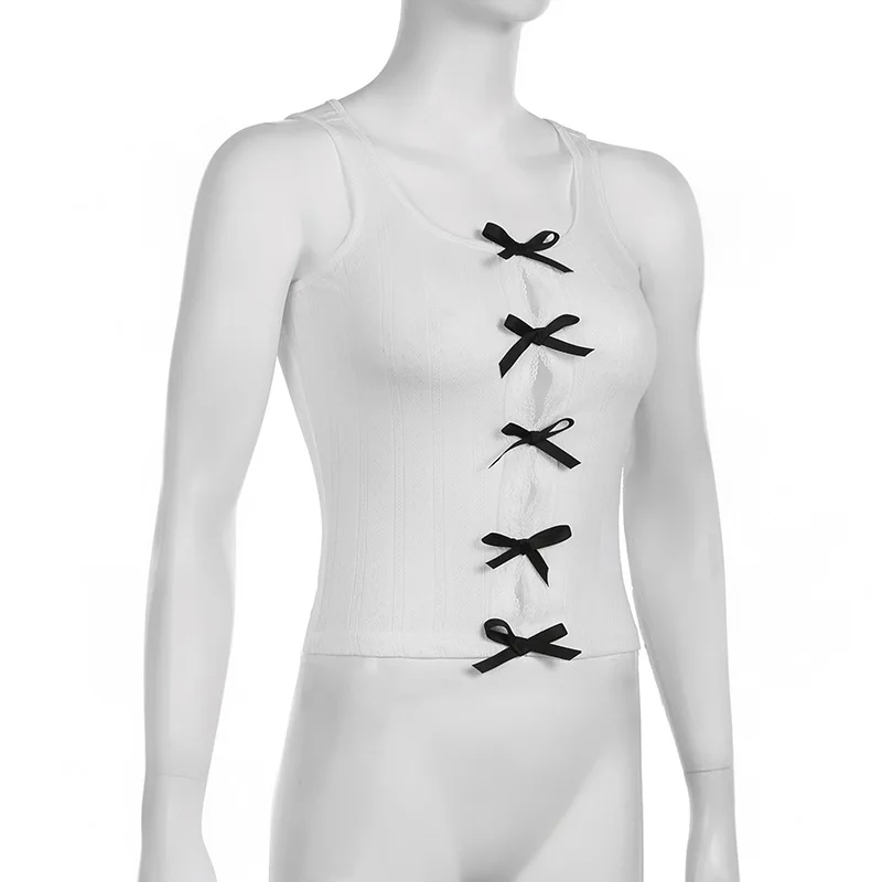 Lace Bow Splice Tank Top Women Sexy Hollow Out Slim Sleeveless Shirts Hot Girls Bodycon Fashion Crop Tops Woman Clothing