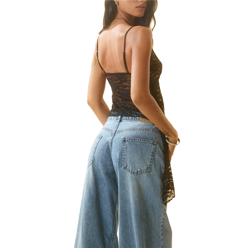 Lace Top y2k Aesthetic Women See Through V Neck Spaghetti Strap Sleeveless Ruffle Hem Tanks Black Camisole Streetwear