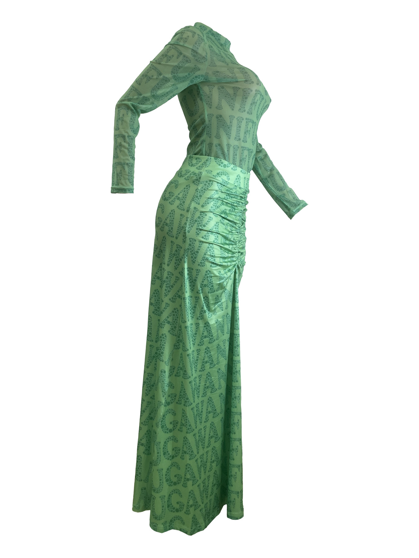 Women Clothing Autumn Winter Mesh Top Pleating Slim Fit Maxi Dress Two Piece Set