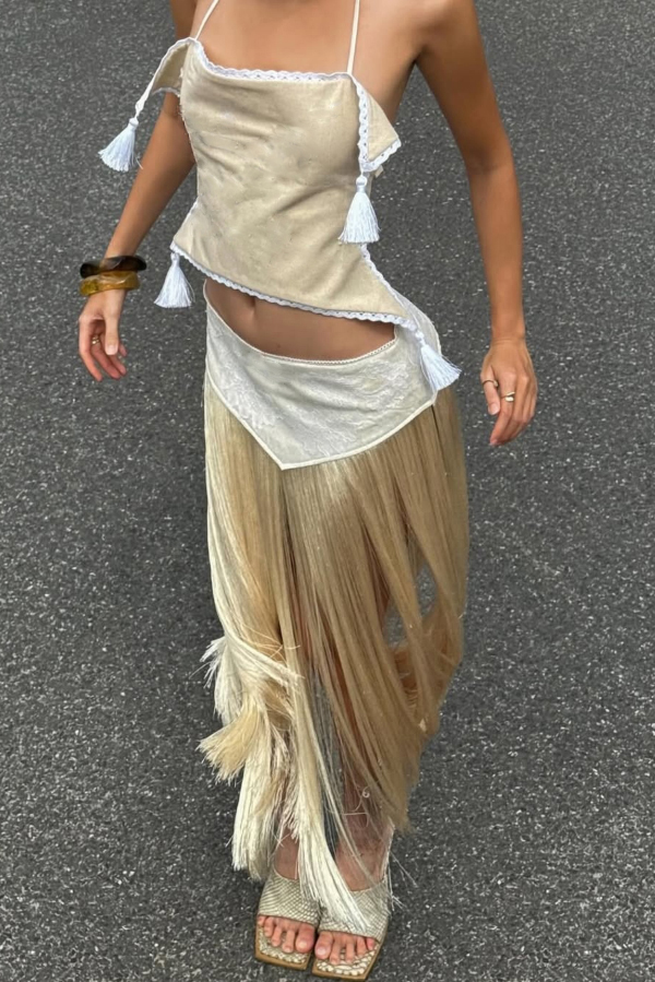 Stylish Halter Neck Lace Up Tassel Pendant Backless Top