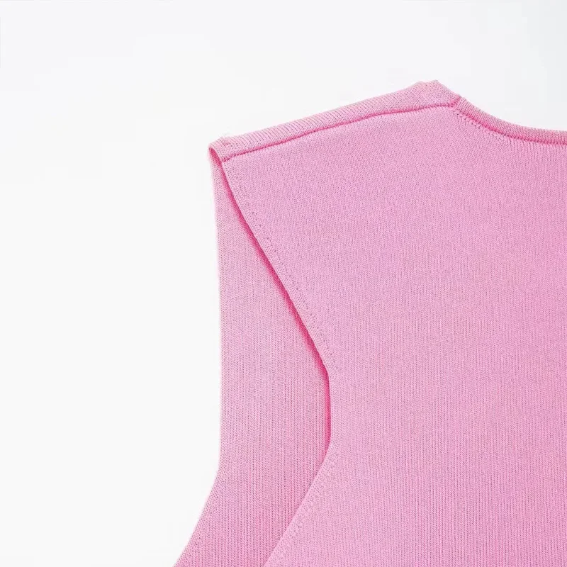 Elegant Knit Short Vest for Women V Neck Single Breasted Sleeveless Waistcoat Pink Top Female New Lady Classic Streetwear
