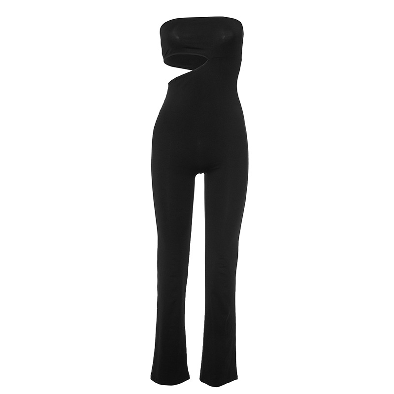 Cash Design Black Tube Top Waist Baring Slim Fit Slimming Long Jumpsuit for Women