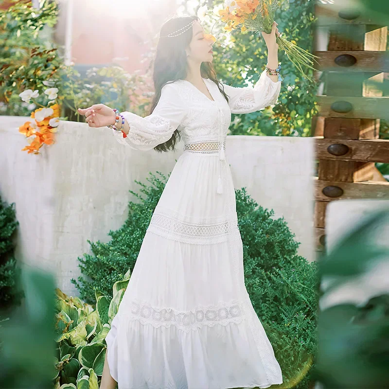 Bohemian White Beach Dress Women Elegant Party Dresses Spring Auutm V-neck Sexy Hollow Out High Waist Long Robe Vestidos