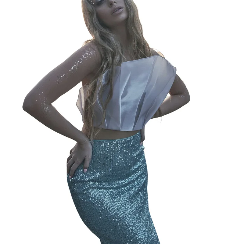 Sequin Long Skirts for Women Solid Color Elastic High Waist Skirt Fashion Elegant Ladies Evening Party Skirt Clubwear