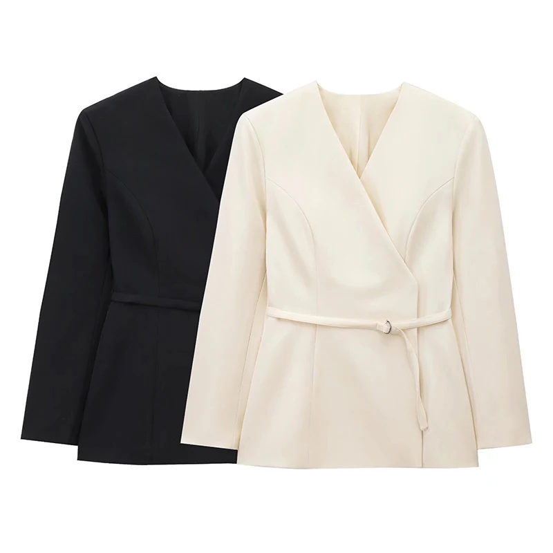 Slim Belt Blazer Coat For Women V Neck Buckle Long Sleeve Solid Suit Jacket 2025 Spring Lady Commute High Waisted Outwear New