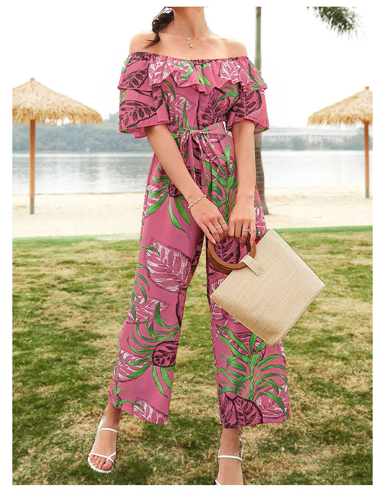 Women Clothing Fashion off-Shoulder Floral Jumpsuit Summer Short Sleeve Chiffon Vacation Beach Jumpsuit