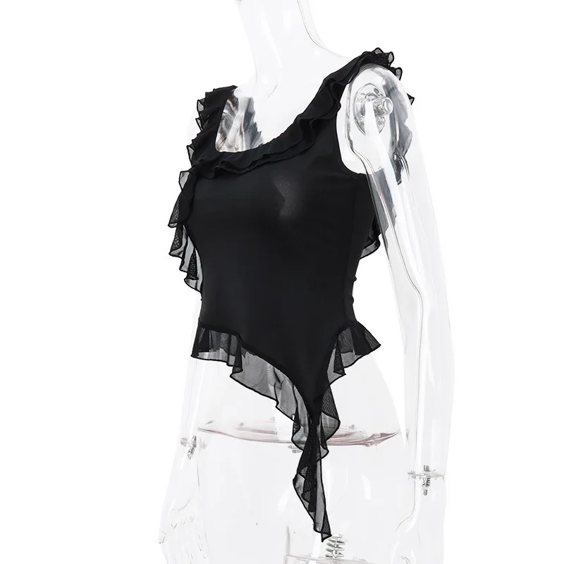 Casual Backless Ruffled Y2k Top Vest Patchwork Strapless High Street Top Fashion Cute Solid Scoop Neck Tank Top Pullover
